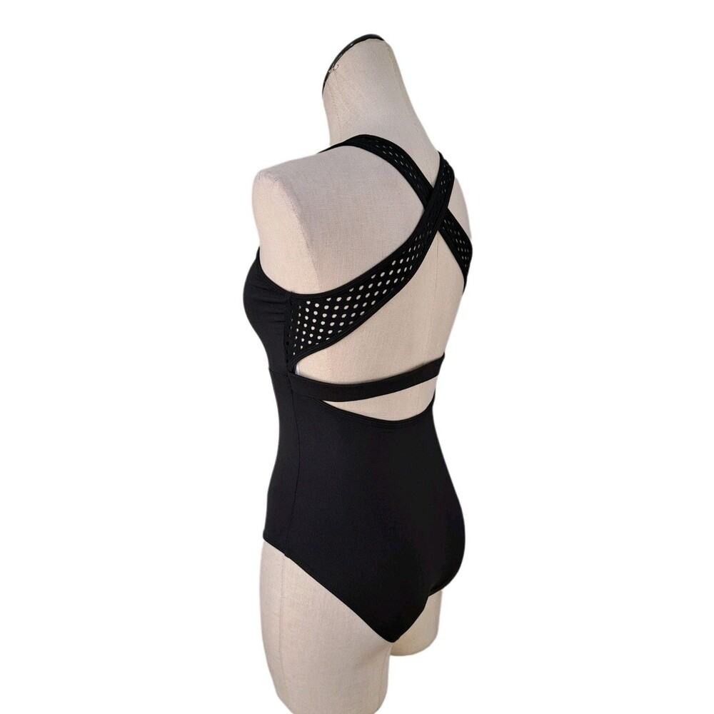 Aja VTG Strappy Crossback Belted Mesh Tank Leotard Black Women's AS Size S - Picture 7 of 16